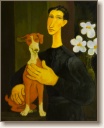 Woman with Dog and Flowers, Original Painting by Quincy Verdun